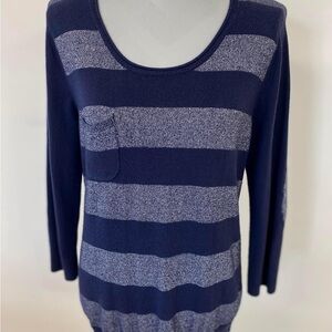 Chico’s Size 0 Navy/Silver Metallic Stripe 3/4 Sleeve Sweater